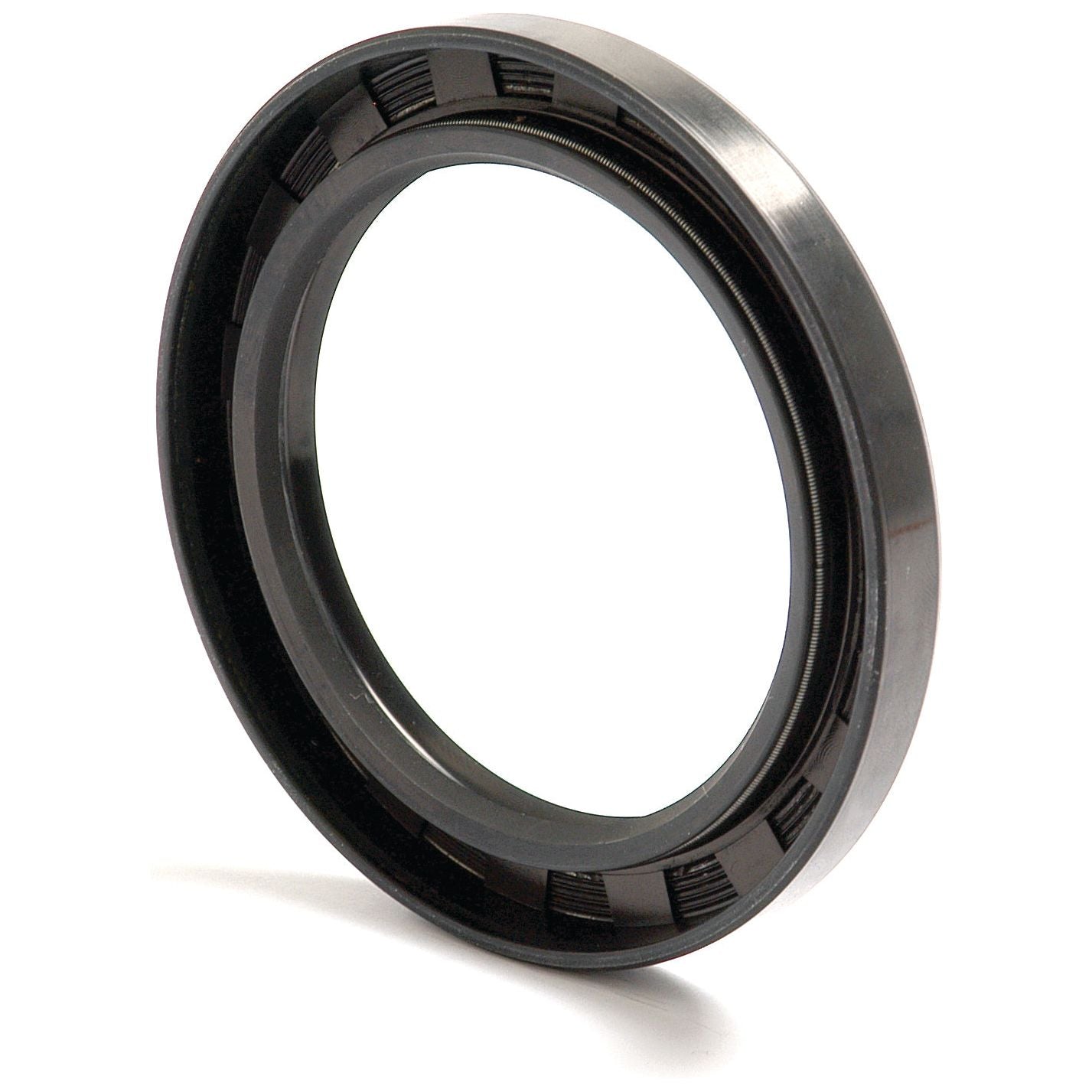 Close-up of a circular rubber seal with a metal outer ring, designed for mechanical or automotive applications. The Sparex Metric Rotary Shaft Seal, 65 x 90 x 10mm Double Lip (Sparex Part No.S.50437), features inner grooves and a double lip for effective sealing.