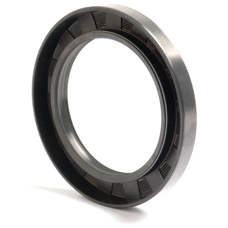 A circular oil seal made of metal and rubber, specifically the Metric Rotary Shaft Seal, 70 x 100 x 12mm Double Lip (Sparex Part No. S.50447) from Sparex, showcases a ridged inner surface and a smooth outer ring, positioned upright against a plain white background.