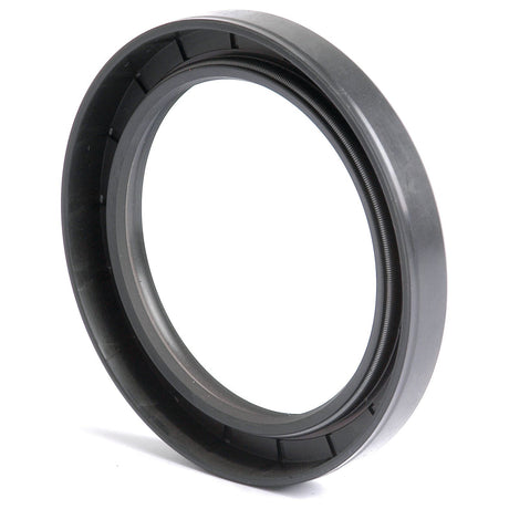 A black, circular mechanical seal with a ridged interior edge is viewed against a white background. This Sparex Metric Rotary Shaft Seal, 75 x 100 x 13mm Double Lip (Sparex Part No.S.50455), features a robust design for reliable performance.