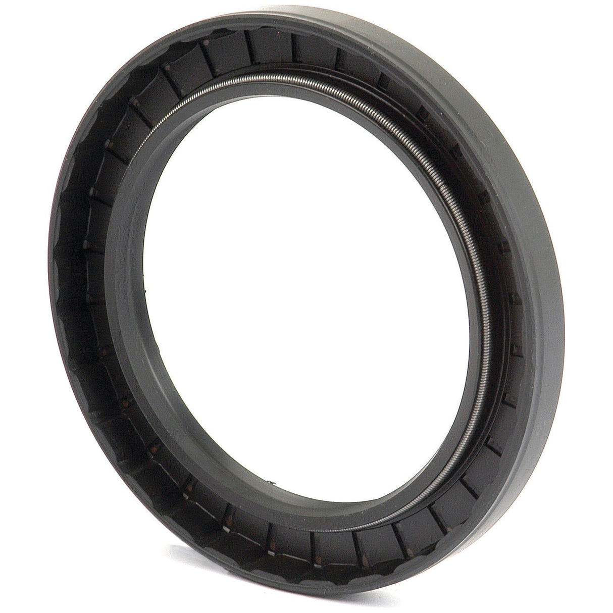 A close-up of a circular, ridged metal washer with a hollow center, positioned upright at a slight angle, reminiscent of the precision found in the Sparex Metric Rotary Shaft Seal, 80 x 110 x 12mm Double Lip (Part No. S.50459).