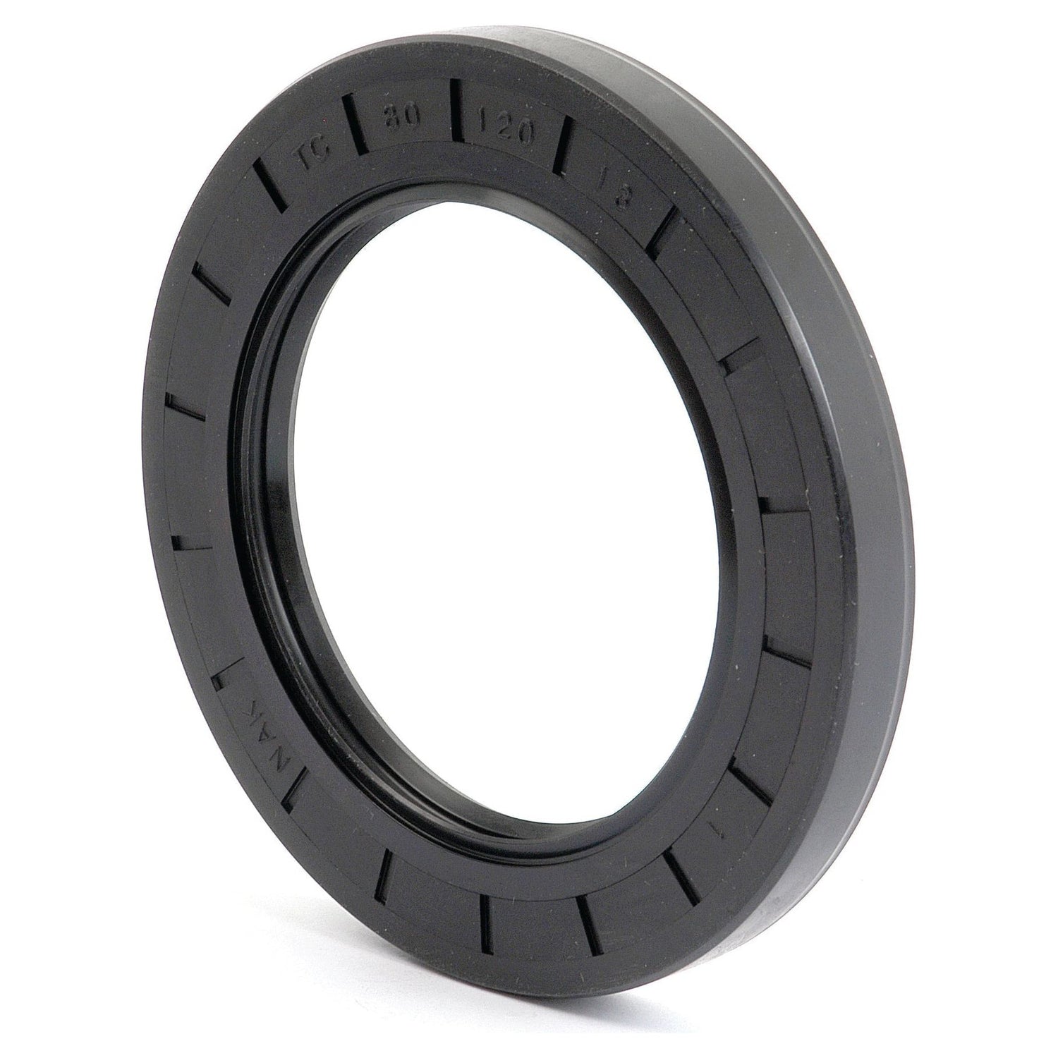 The Sparex Metric Rotary Shaft Seal, measuring 80 x 120 x 13mm (Sparex Part No. S.50460), is a black circular seal with engravings and grooves along its outer edge and boasts a durable double lip design.