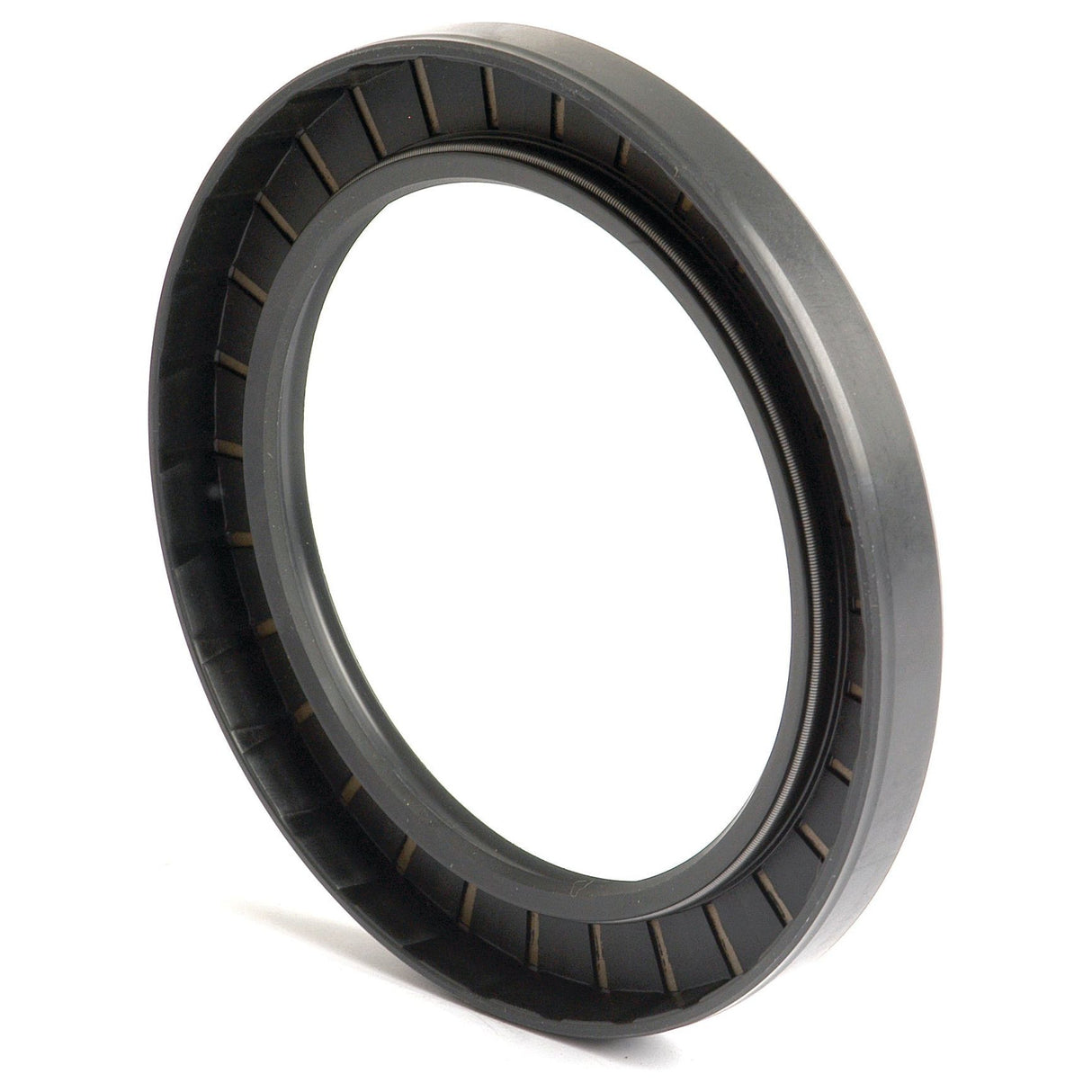 A close-up view of the circular black rubber oil seal, specifically the Metric Rotary Shaft Seal (95 x 130 x 13mm Double Lip) by Sparex, Part No.S.50472, featuring ridges on the inner side. This double lip design is employed in mechanical applications to prevent leakage and contamination.
