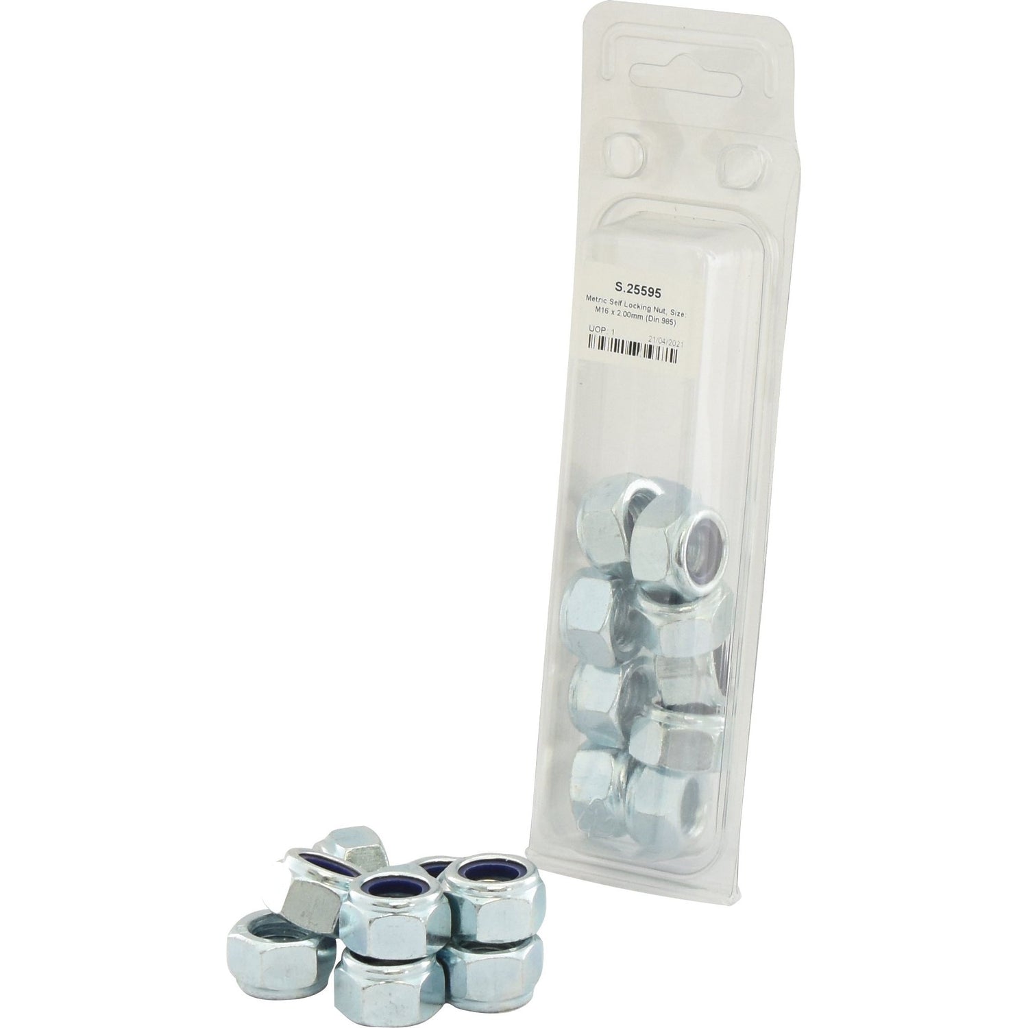A package of nine Sparex Metric Self Locking Nuts, M16x2.00mm (DIN 985) Metric Coarse (Sparex Part No.S.25595), with some nuts outside the plastic packaging.