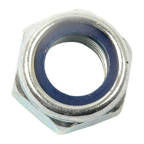 A close-up view of the Sparex Metric Self-Locking Nut, M16x2.00mm (DIN 985) Metric Coarse (Sparex Part No. S.5896), featuring a zinc-plated finish and an inner blue ring.