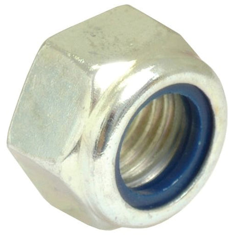 Close-up of a Sparex Metric Self Locking Nut, M20x1.50mm (DIN 985) with an internal blue thread-lock mechanism, conforming to Metric Coarse standards.