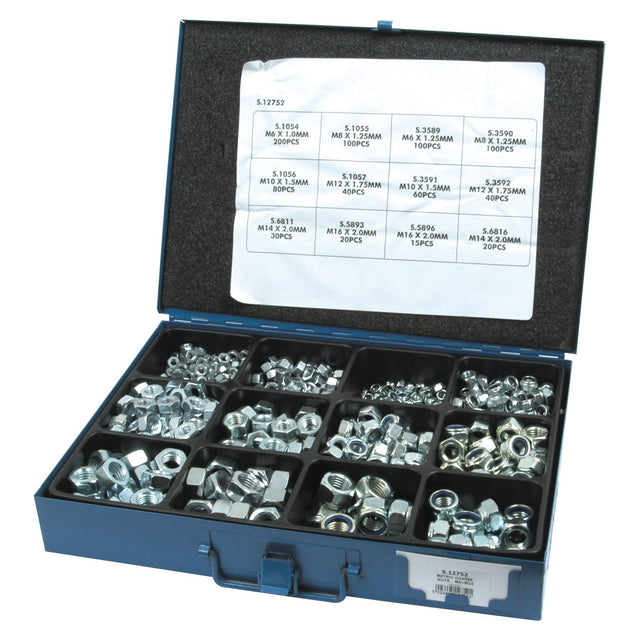 A Sparex metal case contains an assortment of Metric Self Locking Nuts (M6 - 16x1.00 - 2.00mm, DIN 934/985) organized in individual compartments, with a chart listing contents by size and quantity.