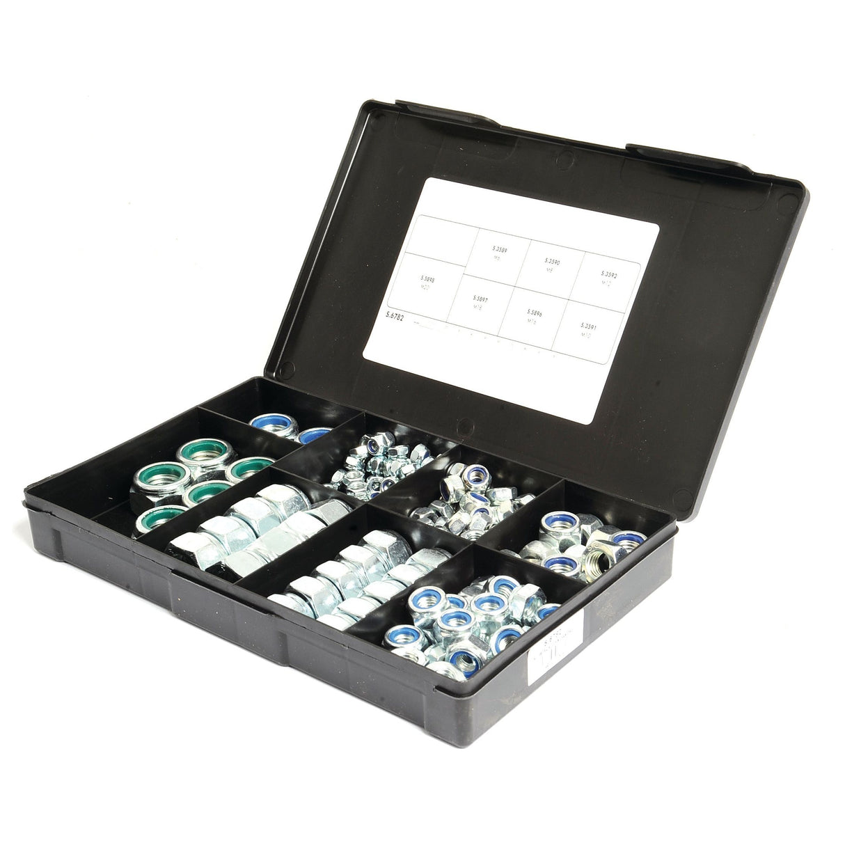 A black plastic organizer box from Sparex containing an assortment of zinc-plated metal nuts, bolts, and washers, including metric sizes and the Sparex Metric Self Locking Nut (M6 - 20x1.00 - 2.50mm DIN 985), all neatly arranged in separate compartments.