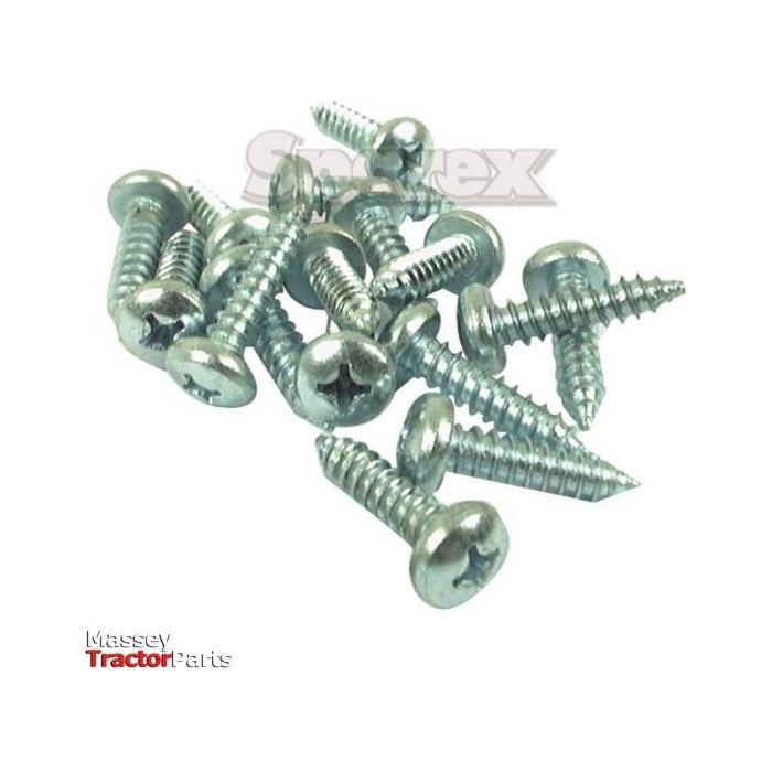 A pile of metal screws, including Metric Self Tapping Pozidrive Screws (M3.5x19mm, DIN 7981B), scattered on a white surface. The text "Sparex" and "Massey Tractor Parts" is visible in the background and corner respectively.