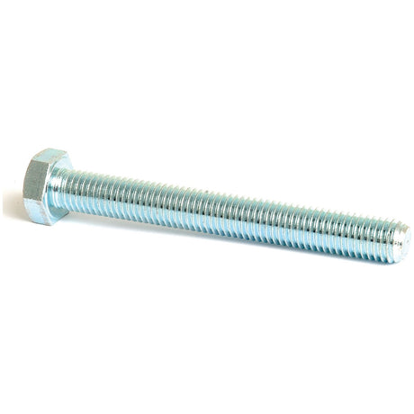 A close-up image of a Sparex Metric Setscrew, M12x100mm (DIN 933) with tensile strength 8.8, featuring a hex head and a threaded shaft, lying on a white background.