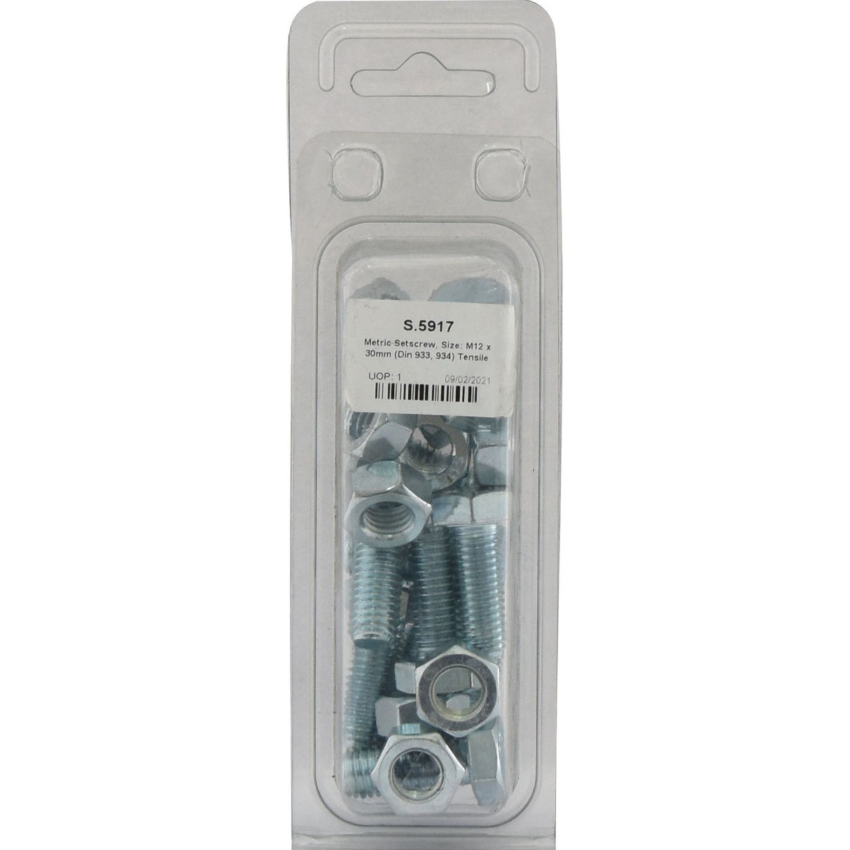 Clear plastic package containing assorted metric screws, nuts, and washers, labeled with size M12 x 30mm and a product code. Each Sparex Metric Setscrew (Part No. S.5917) is zinc plated for enhanced durability and conforms to DIN 933 and DIN 934 standards with a tensile strength of 8.8.