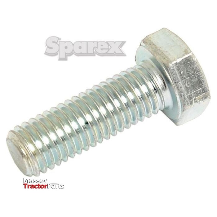 A close-up of a Sparex zinc plated hex head bolt with threading, identified as a Metric Setscrew (M12x35mm, DIN 933), featuring a tensile strength of 10.9 and Sparex Part No. S.54741.