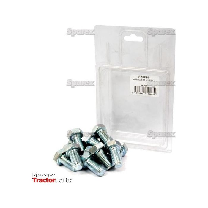 A package of zinc-plated bolts with a pile of loose M16x50mm metric setscrews positioned in front of it. The packaging displays a barcode and product information, including the Sparex Part No. S.59866 and a tensile strength rating of 8.8 for the Metric Setscrew, M16x50mm (DIN 933). The Massey Tractor Parts logo is visible at the bottom left.
