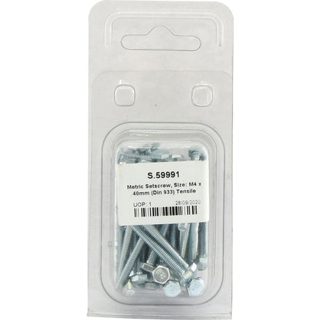 Inside clear packaging is a plastic box containing multiple metric setscrews, size M4x40mm (DIN 933), zinc plated. The label on the box includes the product code S.59991, tensile strength 8.8, and the date 28/09/2020 from the Sparex brand.