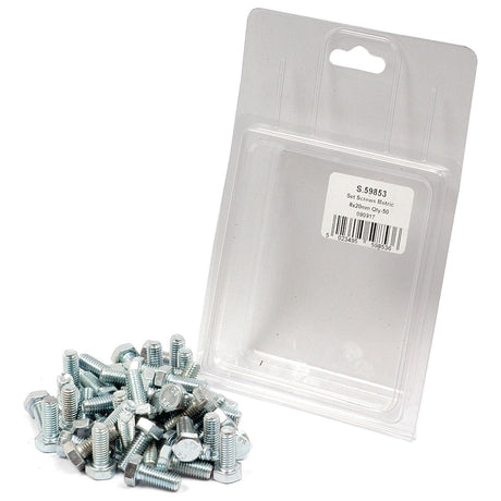 A pile of M8x20mm hex bolts lies next to an empty, clear plastic package labeled with "Sparex Metric Setscrew, M8x20mm (DIN 933) Tensile strength: 8.8 | Sparex Part No. S.59853" and a barcode.
