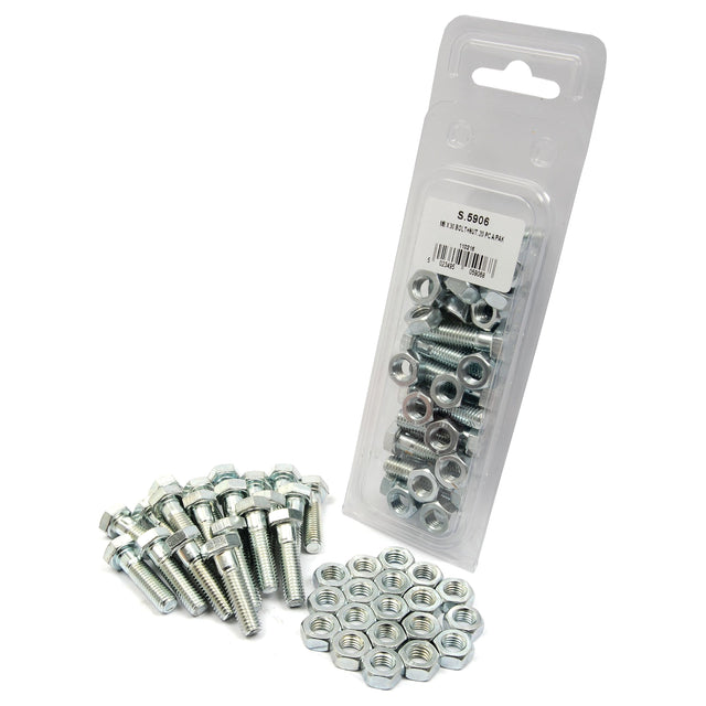 A pack of Sparex zinc plated metal bolts and nuts, featuring some Metric Setscrews M8x30mm (DIN 933, DIN 934) Tensile strength: 8.8 (Sparex Part No.S.5906), displayed outside of the packaging.