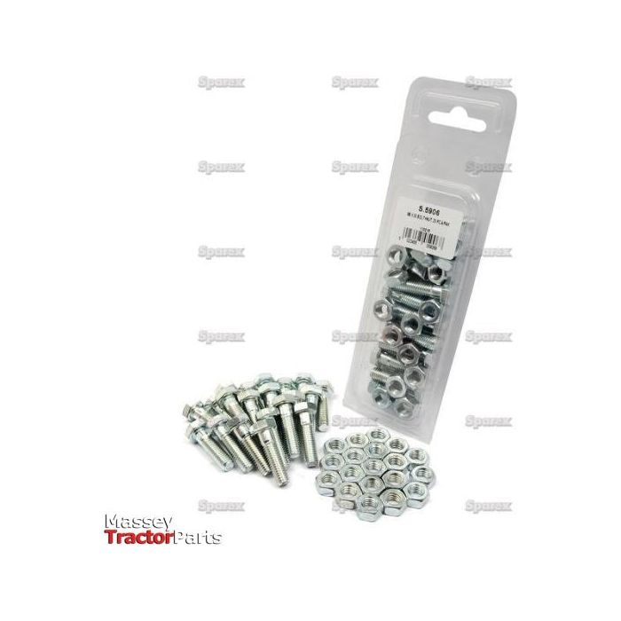 A package of assorted bolts and nuts, featuring Metric Setscrews (M8x30mm, DIN 933, DIN 934) with a tensile strength of 8.8, along with additional bolts and nuts displayed outside the packaging. The label indicates the product number S.5906 and the brand name Sparex.