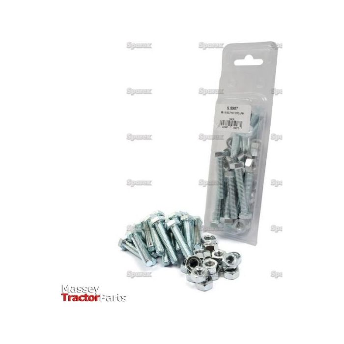 A package of M8x40mm metric setscrew bolts and nuts, with some displayed in front of the zinc-plated package. The label on the package is partially visible. The image features branding from Sparex with Sparex Part No.S.5907 and a tensile strength of 8.8 (DIN 933, DIN 934).