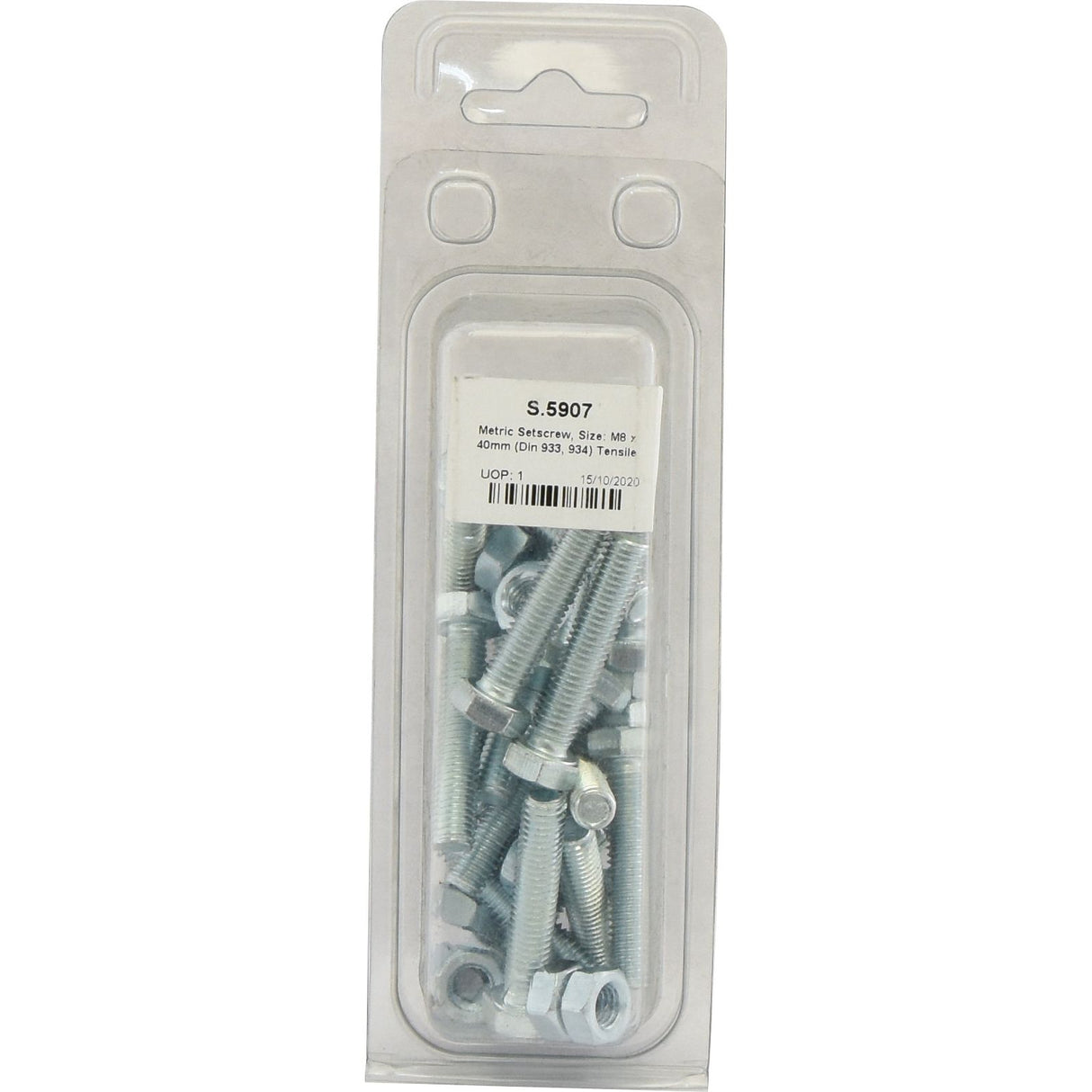 A plastic container containing several metal bolts and nuts is labeled "S.5907" and includes descriptions of sizes, quantities, and specifications. The product inside is a Sparex Metric Setscrew, M8x40mm (DIN 933, DIN 934) with a tensile strength of 8.8. Some items are zinc plated for added durability.