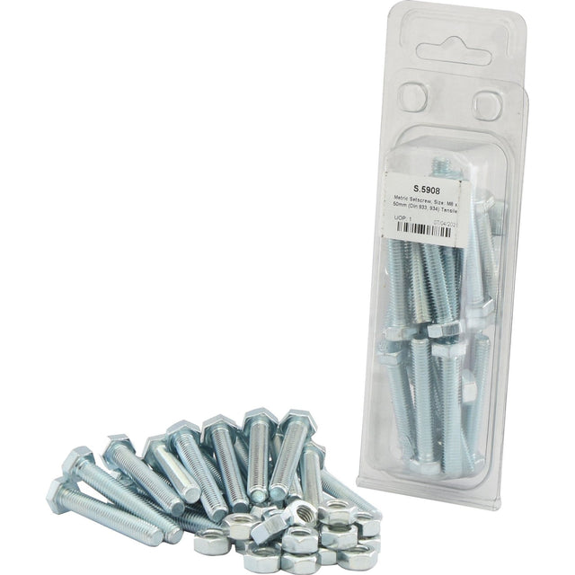 A package of Metric Setscrews, M8x50mm (DIN 933, DIN 934) with tensile strength of 8.8, labeled Sparex Part No.S.5908 and zinc plated hex bolts and nuts scattered in front. The metric setscrew package prominently features a label indicating product details under the Sparex brand name.