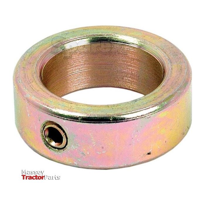 The Metric Shaft Locking Collar, Sparex Part No. S.11018, is a metal washer with a threaded side hole and features a shiny, rainbow-like finish. Designed for easy installation, this 30mm ID locking collar is ideal for securing components. The logo "Massey TractorParts" is visible in the lower left corner. It has an outside diameter of 45mm and a height of 16mm, and it is also compatible with other Sparex parts.