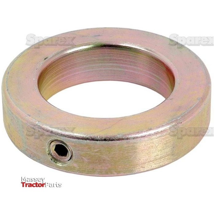 A round metal ring with a small screw hole and a slight metallic sheen. The background showcases the "Massey Tractor Parts" logo and features a faint watermark "Sparex." This Metric Shaft Locking Collar, part number S.11022 by Sparex, boasts an 80mm OD and 50mm ID, making it ideal for precision fit.