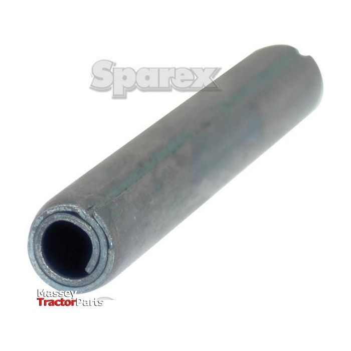 A cylindrical metal pin with a hollow center, labeled "Sparex" and "Massey Tractor Parts," designed to meet metric specifications for total shear strength should be rewritten as:
A Metric Spirol Pin Ø14 x 90mm (DIN | Standard No.: DIN 7343), branded "Sparex" with part number S.12139, designed for total shear strength according to metric criteria.