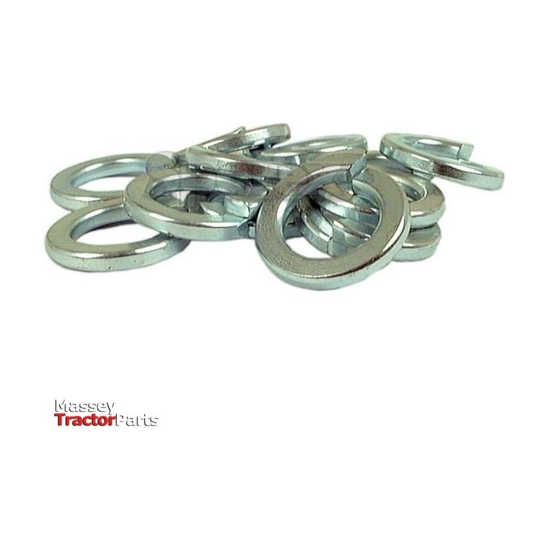 A pile of metallic lock washers, featuring the "Massey Tractor Parts" logo in the bottom left corner. Among them are Zinc Plated metric spring washers, with an ID of 14mm and compliant with DIN 127A standards, branded as Sparex Part No.S.6821, ensuring durability and reliability for your machinery needs.