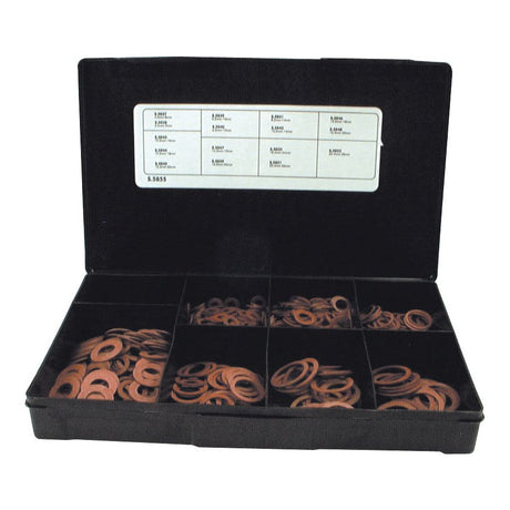 A black plastic organizer box by Sparex contains various sizes of brown rubber washers, each size separated into a different compartment. A neatly displayed size chart on the inside of the lid provides ID and OD measurements. Additionally, you’ll find Metric Vulcanised Fibre Washers (Sparex Part No.S.5855) with IDs ranging from 4.5mm to 22mm and ODs from 8mm to 28mm.