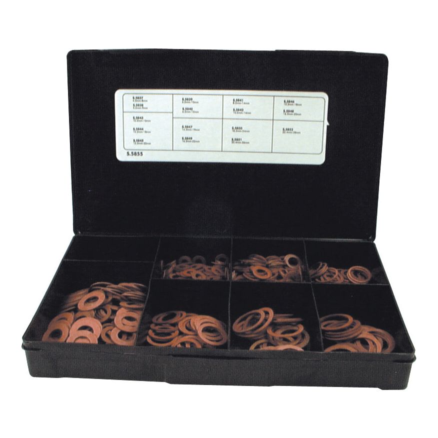 A black plastic box by Sparex, containing Metric Vulcanised Fibre Washers in various sizes, organized into compartments. The inside of the lid features a label listing the specifications with ID measurements ranging from 4.5mm to 22mm and OD measurements from 8mm to 28mm. This is identified as Sparex Part No.S.5855.