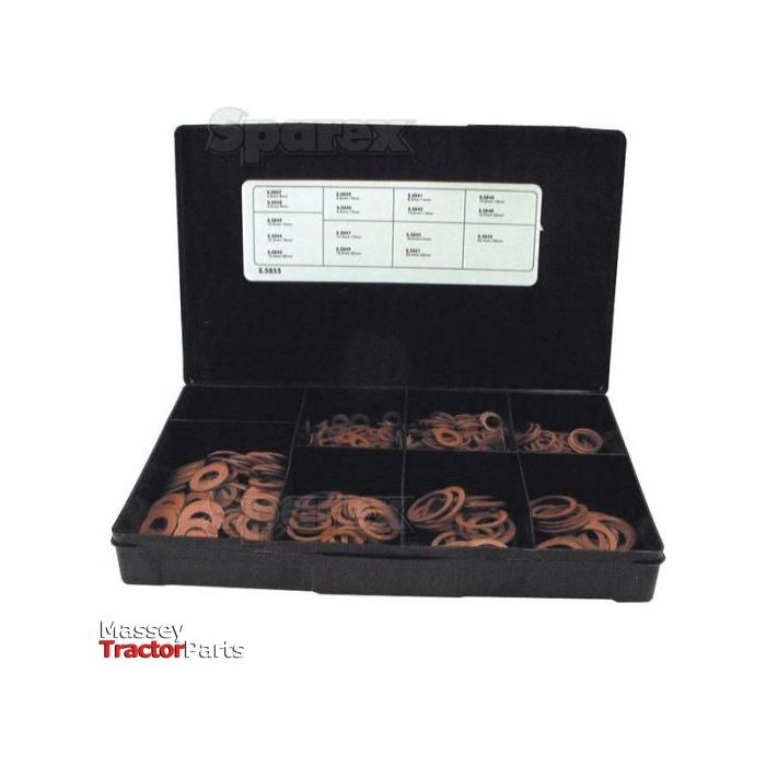 A black plastic box with a label and compartmentalized slots contains various sizes of copper washers from Massey Tractor Parts, along with Sparex Metric Vulcanised Fibre Washers (ID: 4.5-22mm, OD: 8-28mm | Sparex Part No. S.5855).
