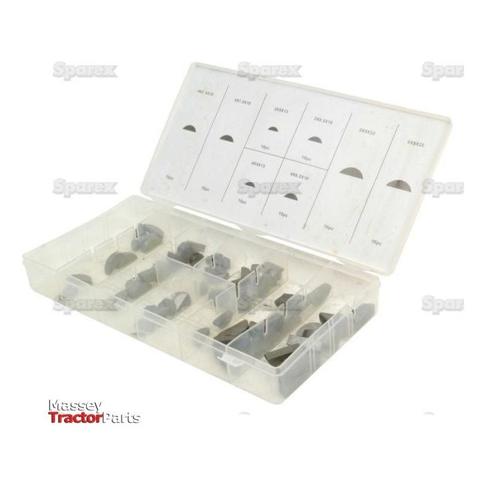 The open plastic compartment box contains an assortment of 80 metric Woodruff keys, labeled with the Sparex logo. The organized contents are ideal for various repair needs, as detailed by the product name: "Metric Woodruff Keys - Assorted (80 pcs. Handipak) Din 6888 - S.29903.