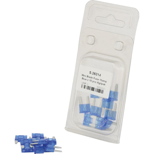 A package of 10 blue mini blade fuses labeled "15 Amps," with some fuses scattered in front, perfect for your Sparex or Agripak equipment (Sparex Part No. S.26214).
