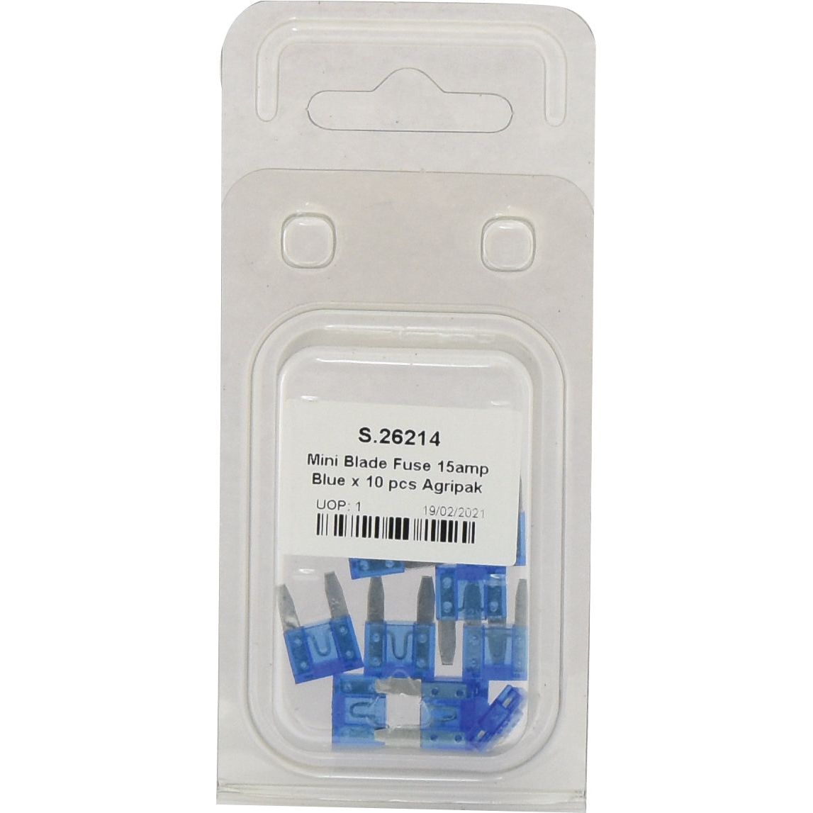 Introducing the Mini Blade Fuses Agripak 15 Amps set from Sparex, featuring 10 blue 15-amp fuses. The product label includes "Sparex Part No. S.26214" along with other essential details for your convenience.