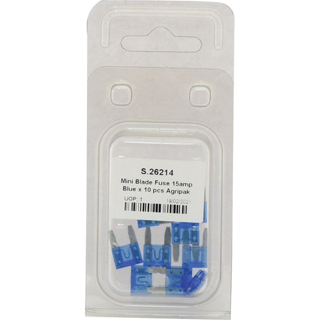 Introducing the Mini Blade Fuses Agripak 15 Amps set from Sparex, featuring 10 blue 15-amp fuses. The product label includes "Sparex Part No. S.26214" along with other essential details for your convenience.