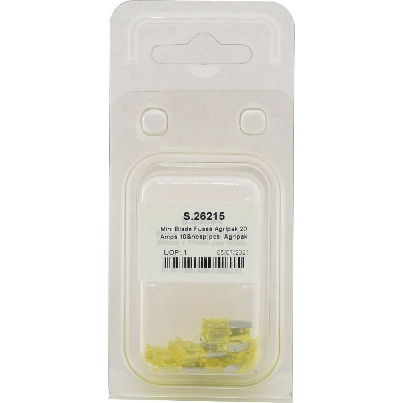 A packaged set of yellow mini blade fuses from Sparex, labeled "S.26215," with specifications of 20 Amps and 10 pieces, and a packing date of 06/07/2021.