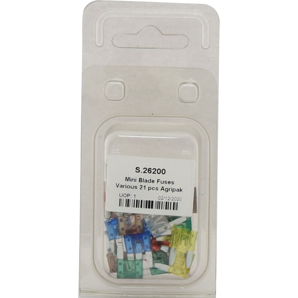 A package of mini blade fuses, including 21 pieces in assorted colors and various amperages (5.0, 7.5, 10, 15, 20, 25, and 30 amps), labeled "Mini Blade Fuses Agripak | Sparex Part No.S.26200" from the Sparex Brand.