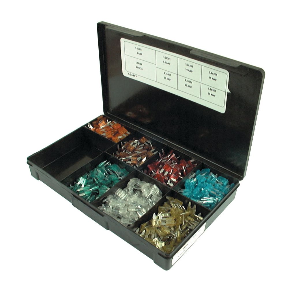 The Sparex Assorted Mini Blade Fuses and Holders (Handipak 177 pcs.) open plastic container features 8 compartments, each holding assorted colored automotive fuses, with labels on the lid indicating amperage ratings for easy identification.
