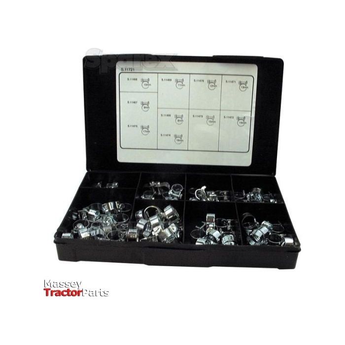 A black plastic box containing various metal hose clamps, including mini hose clips with minimum diameter 6mm and maximum diameter 17mm, organized in compartments. The lid features a chart displaying sizes and part numbers. The "Massey Tractor Parts" logo is visible at the bottom left, alongside a small Sparex label for Sparex Part No. S.11721 (100 pcs., Handipak).