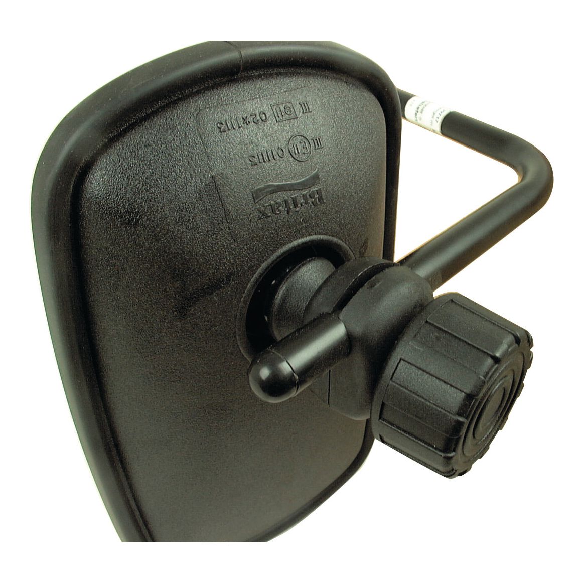 Close-up of a black rearview mirror with an adjustable arm and a knob for adjustments, perfect for Fiat models. The Mirror Arm Assembly, LH (Sparex Part No.S.39716) has the Sparex brand name and patent information embossed on the back.