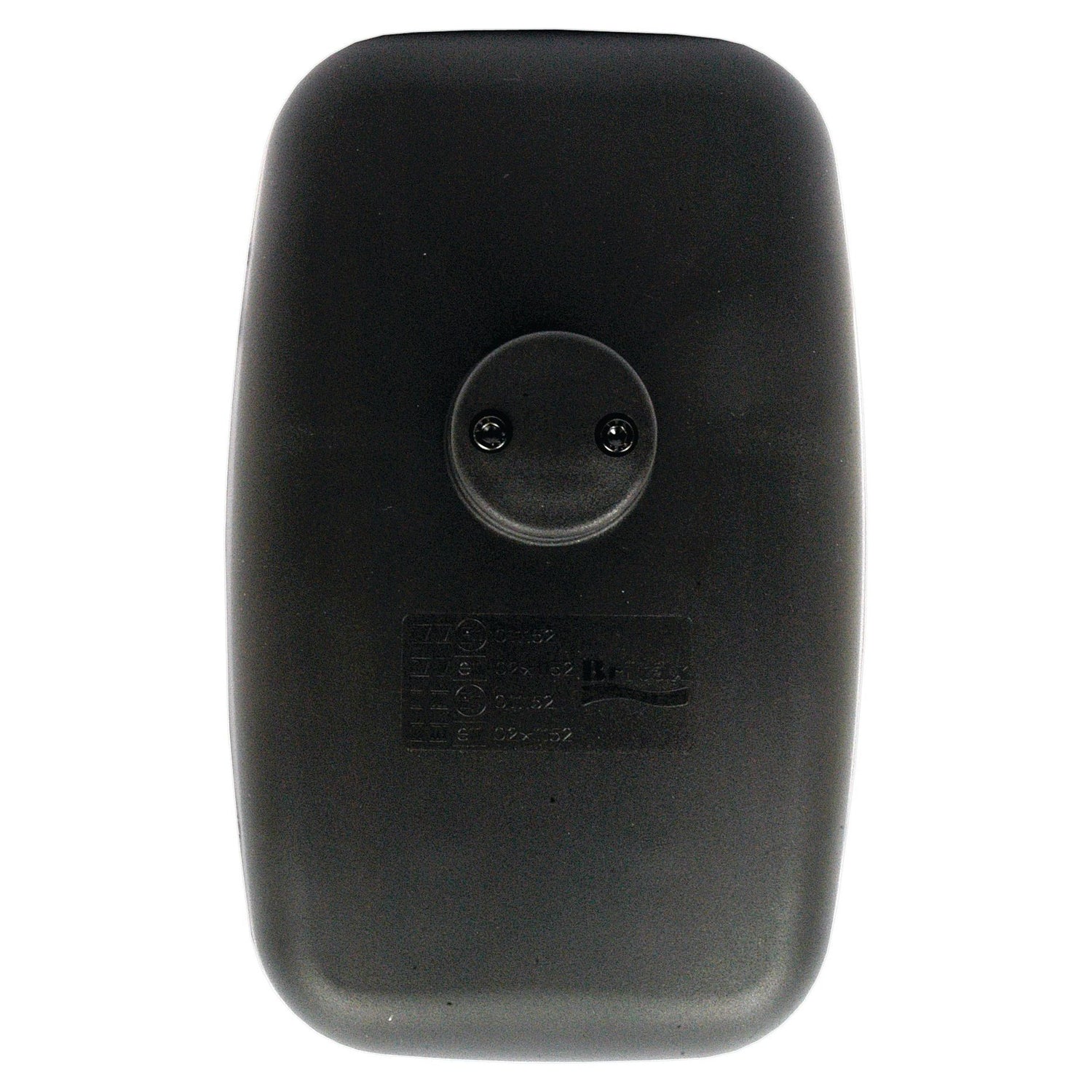 Black, rectangular plastic Mirror Head with a protruding circular section on one side, featuring small screws and a textured area with embossed text and symbols, similar to the design of the Sparex S.39761 Britax lower clamp.