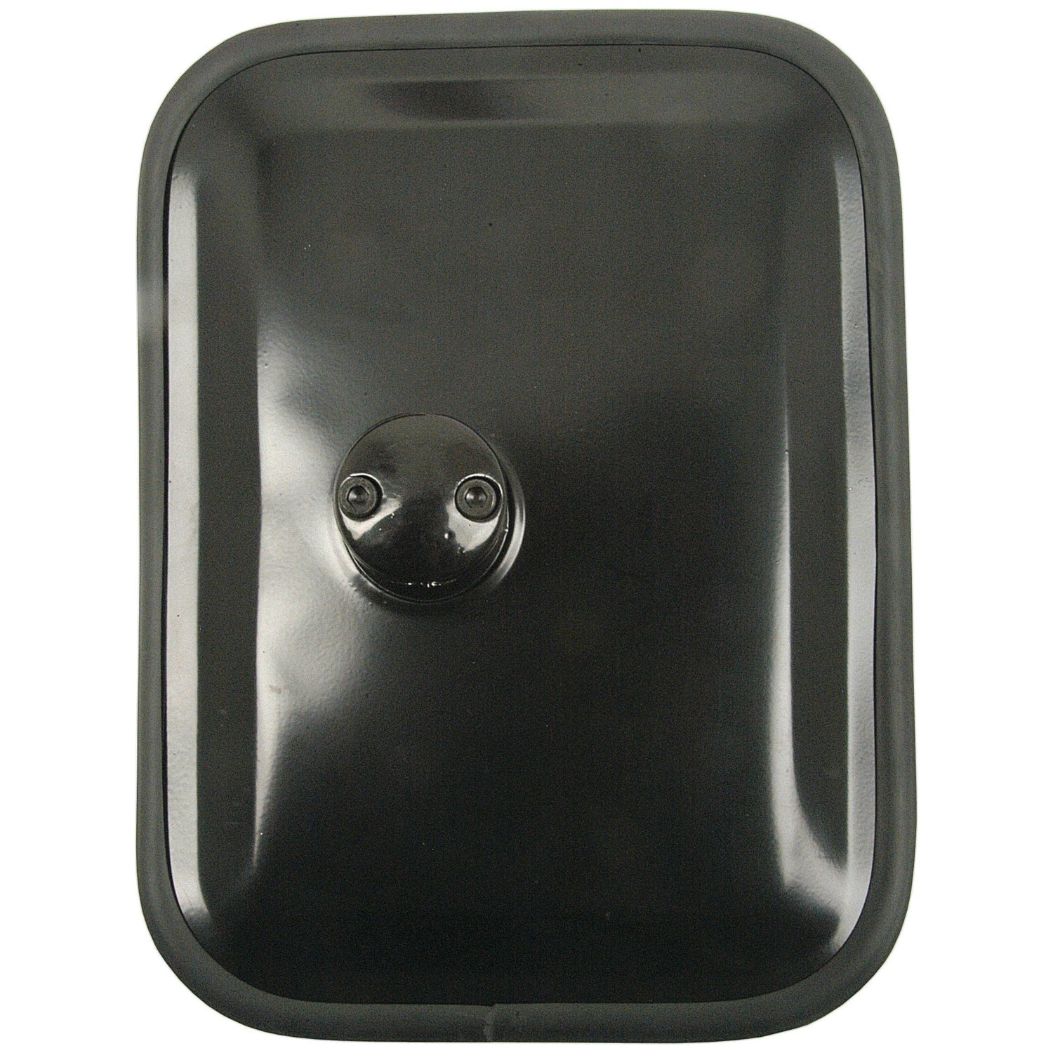 A black, rectangular plastic lid with a small circular protrusion and two central screws, reminiscent of an offset clamp design, resembling the Mirror Head - Rectangular, Convex - Wide Angle, 320 x 235mm, RH & LH by Sparex (S.27621).