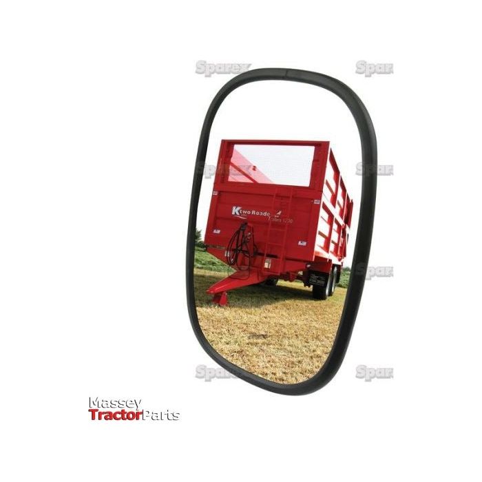 In the reflection of the Mirror Head - Rectangular, Flat, 250 x 170mm, RH & LH - S.6222 by Sparex, a red agricultural trailer is parked on a grassy field, securely attached via a Sparex centre clamp and towing hitch.