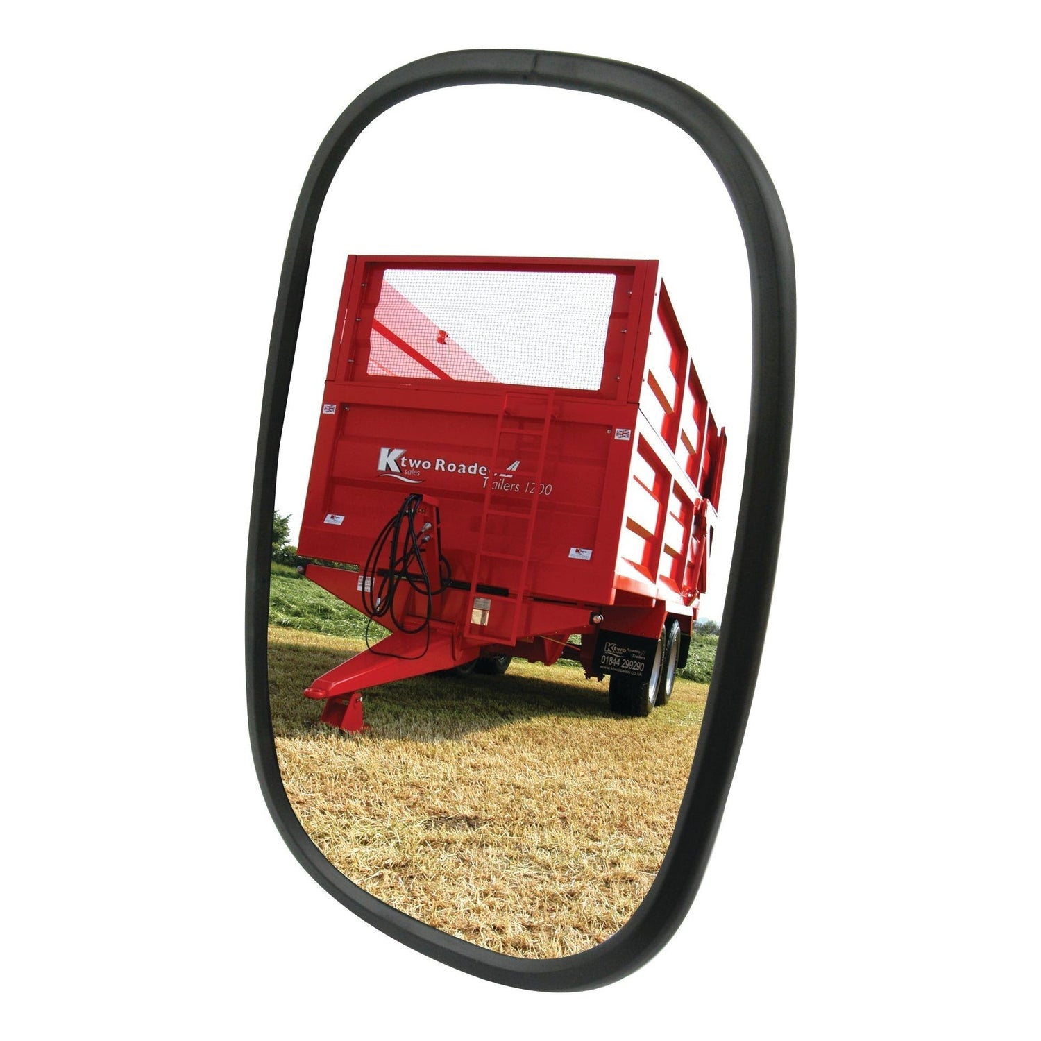 A red trailer with mesh sides and a hitch is reflected in the Sparex Mirror Head - Rectangular, Flat, 250 x 170mm, RH & LH - S.6222 of a vehicle parked on dry grass.