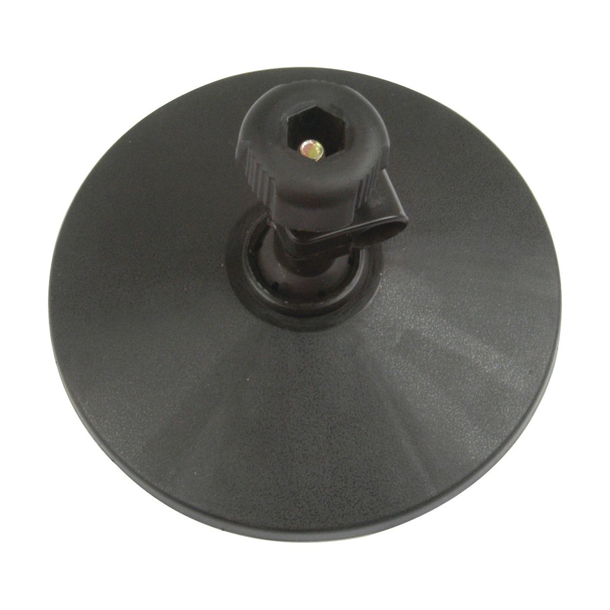 A close-up of a black round base with a threaded knob on top, likely a mounting or support stand component, reminiscent of what you might find in the Sparex Mirror Head - Round (Flat), Ø125mm, Part No. S.6215.