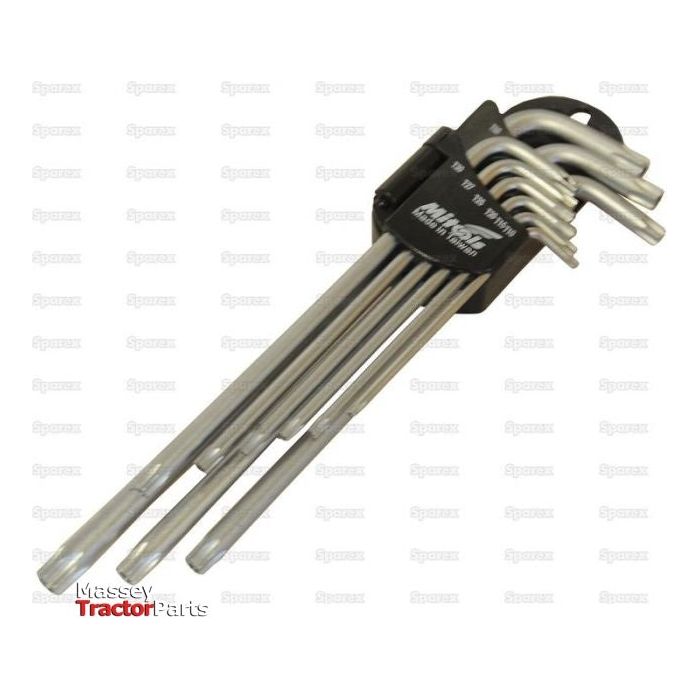 The (9 pcs.) Extra Long Tamperproof Key Wrench Set by Sparex, neatly arranged in a black plastic holder. The background includes faint text and logos.