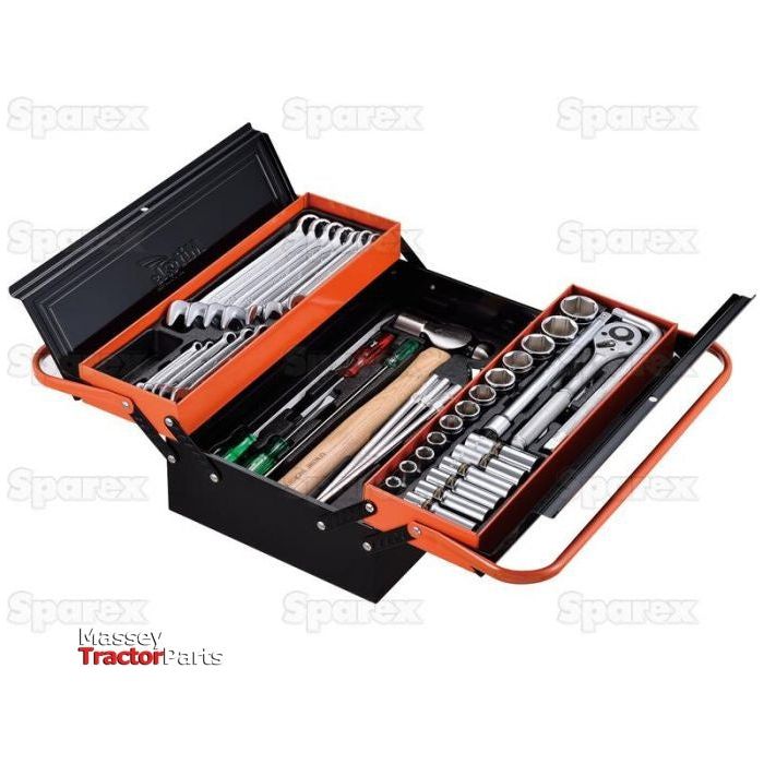 The Sparex Tool Box Set (56 pcs.) - S.113800, in black and orange, showcases its neatly arranged assortment of wrenches, a socket set, screwdrivers, and a hammer. The toolbox is open to display its contents alongside an adjustable wrench while the "Massey Tractor Parts" logo is prominently visible.