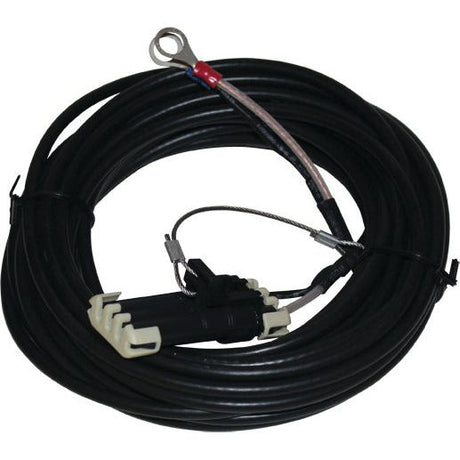 The Sparex Moisture Tester BHT - 1 Cable (S.28705) features a coiled black cable with a metal loop connector on one end and a black-and-white plastic component attached to the other, making it suitable for various devices.