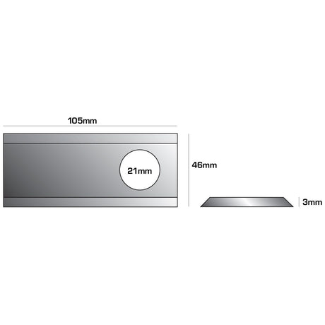 Technical drawing of the Mower Blade with dimensions: 105mm length, 46mm width, and 3mm thickness. It features a circular cutout of 21mm diameter and is compatible with the CM15 flat blade from Rasspe. Product Name: Mower Blade - Flat blade, top edges sharp - Replacement for PZ to fit as: CM15 | Sparex Part No.S.77104. Brand Name: Sparex.