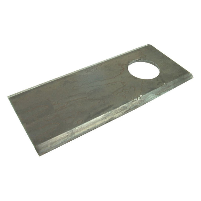 The Sparex Mower Blade is a rectangular metal plate measuring 108 x 48 x 3mm, featuring a Ø21mm hole near one edge. Its surface has a worn, industrial finish that resembles the typical flat blade design, with top edges sharp. This replacement part fits models such as Galfre, Marangon, Morra, and New Holland under part number S.77079 (108D STRAIGHT).