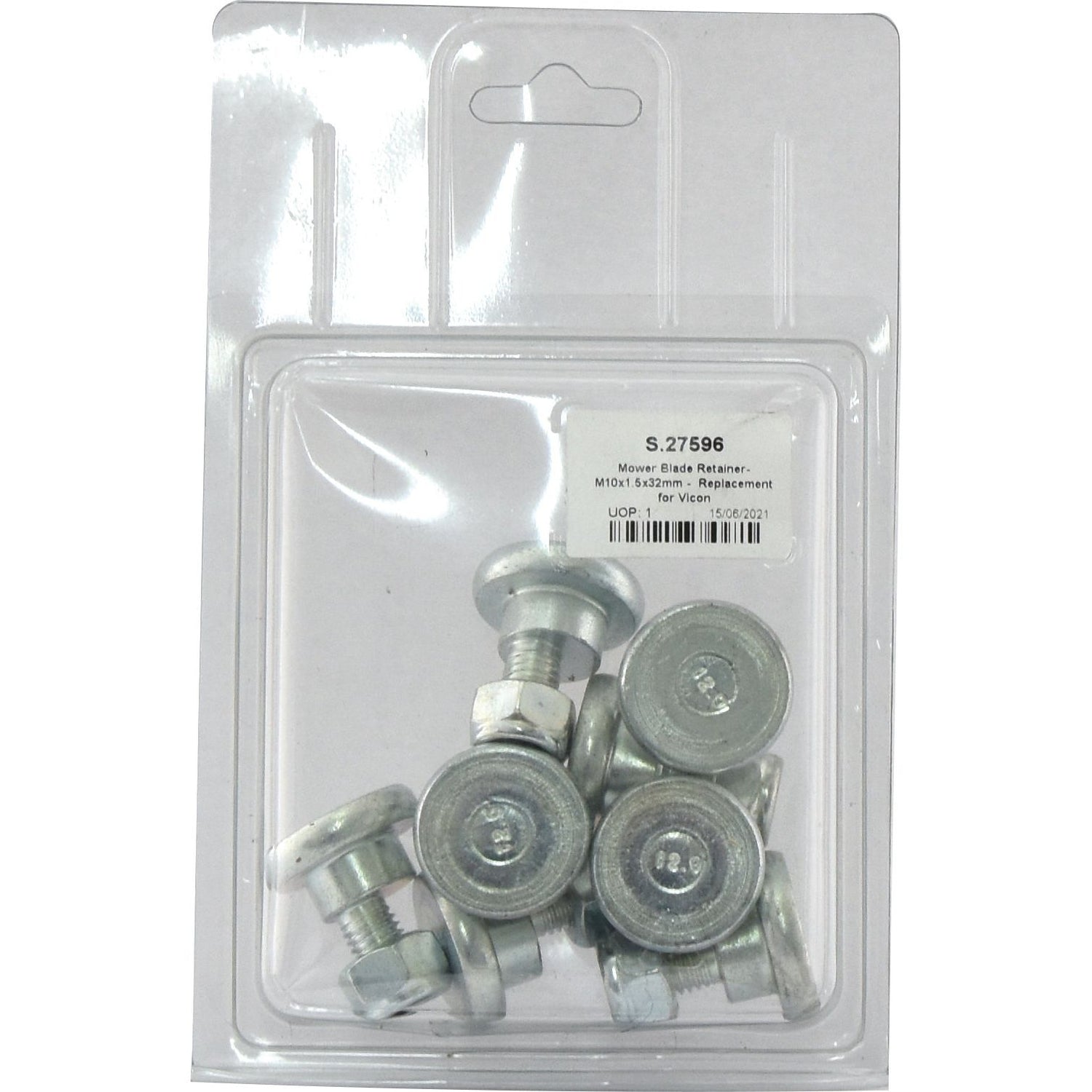 A plastic package containing several metal bolts and nuts. The label reads "Mower Blade Retainer - M10 x 1.50x32mm - Replacement for Vicon (8 pcs. Agripak) | Sparex Part No.S.27596 from Sparex.